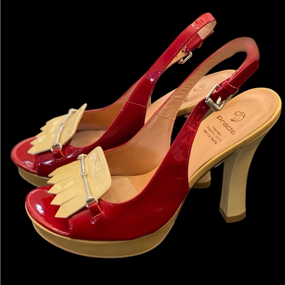 Prada Red and Beige Women's Slingback Platform Heels